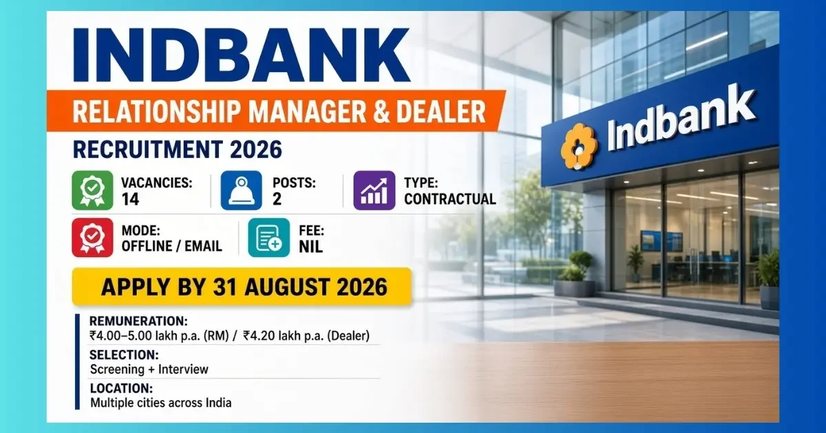 Indbank Relationship Manager and Dealer Recruitment 2026 for 14 contractual posts