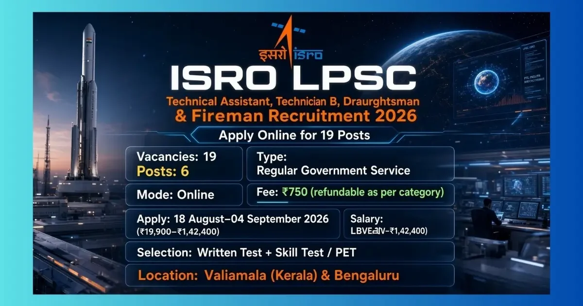 ISRO LPSC Technical Assistant Technician Fireman Recruitment 2026 for 19 posts
