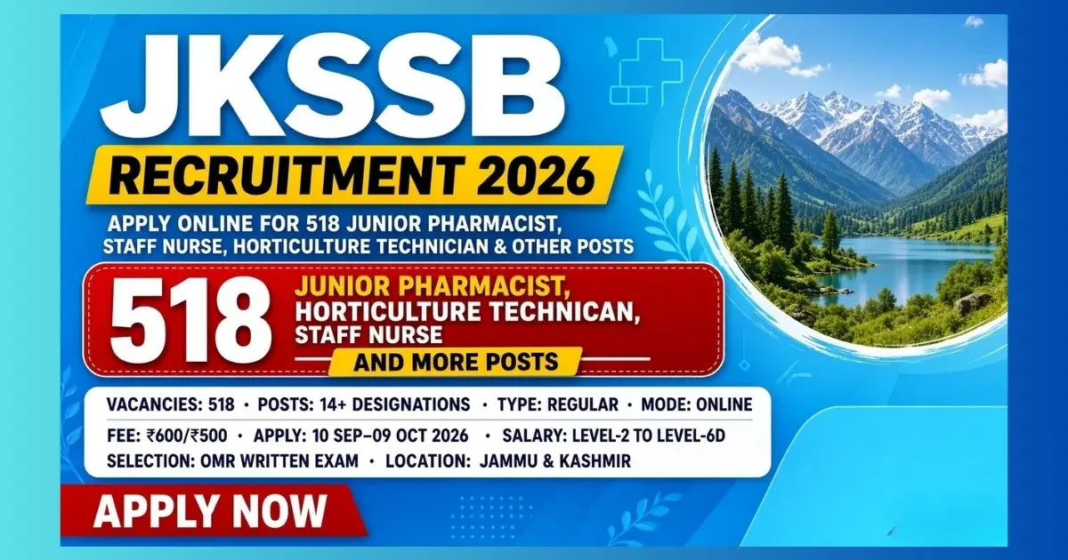 JKSSB Recruitment 2026 official notification for 518 Junior Pharmacist Staff Nurse and other posts