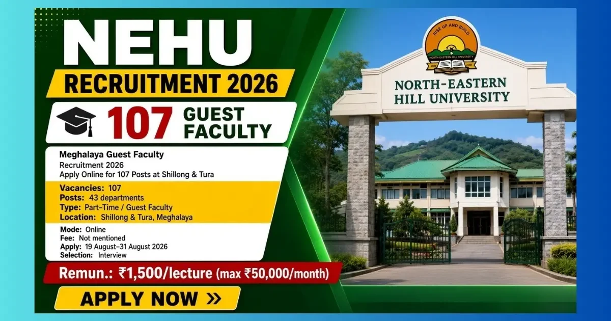 NEHU Meghalaya Guest Faculty Recruitment 2026 for 107 posts at Shillong and Tura