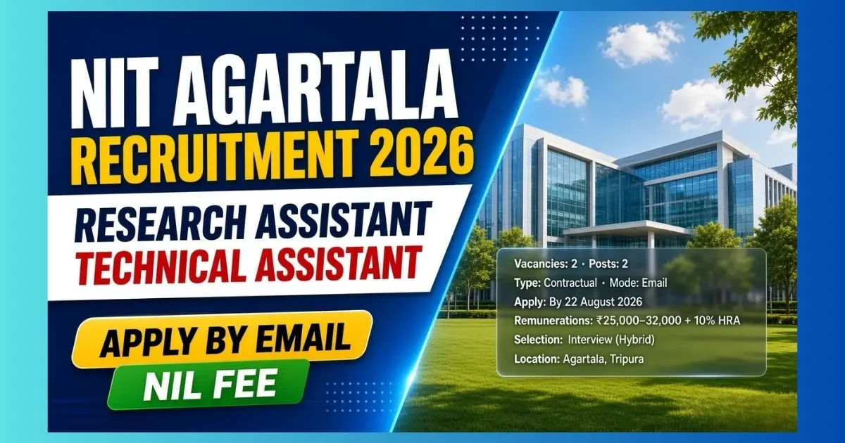 NIT Agartala Research Assistant and Technical Assistant recruitment 2026 for 2 project posts