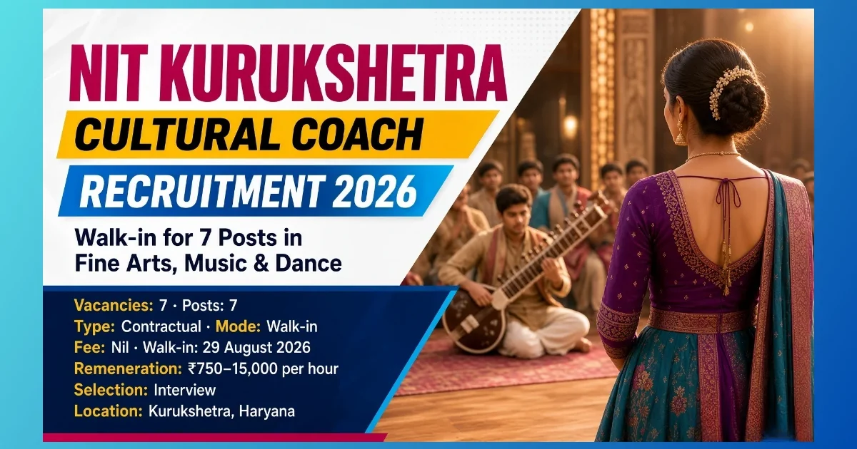 NIT Kurukshetra Cultural Coach Recruitment 2026 walk-in for 7 posts in Fine Arts Music Dance