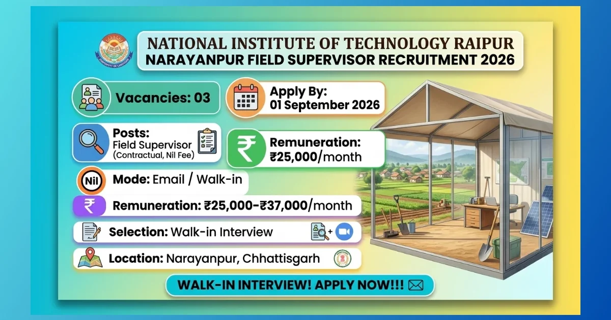 NIT Raipur Narayanpur Field Supervisor Recruitment 2026 for 3 project posts