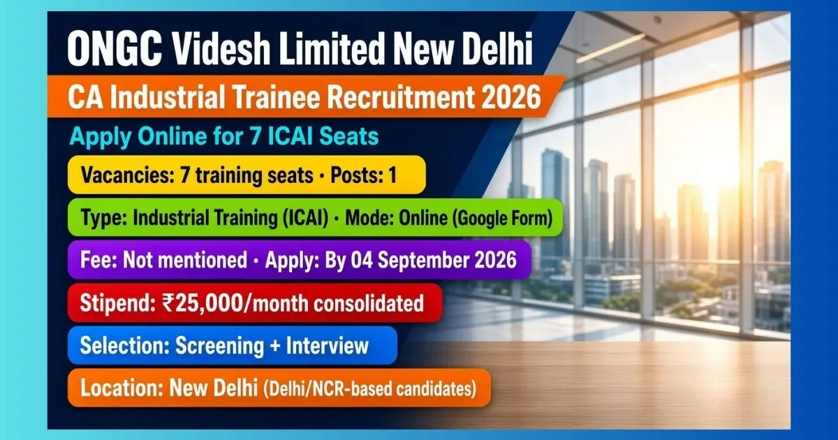 ONGC Videsh Delhi CA Industrial Trainee Recruitment 2026 for 7 ICAI seats