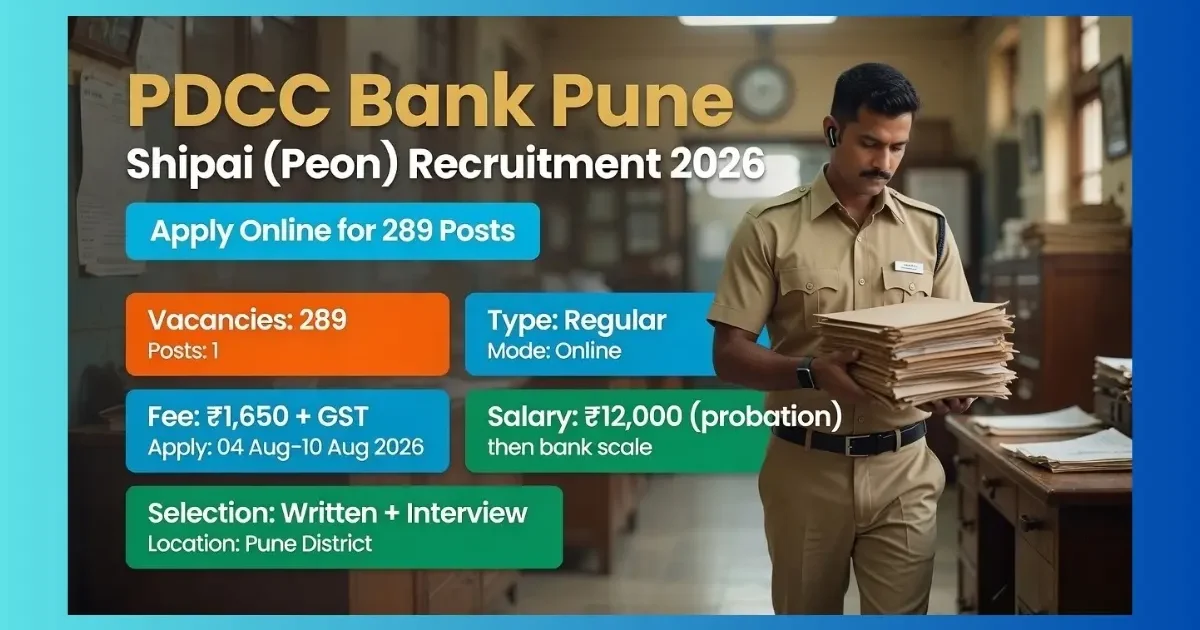 PDCC Bank Pune Shipai Peon Recruitment 2026 official notification for 289 posts