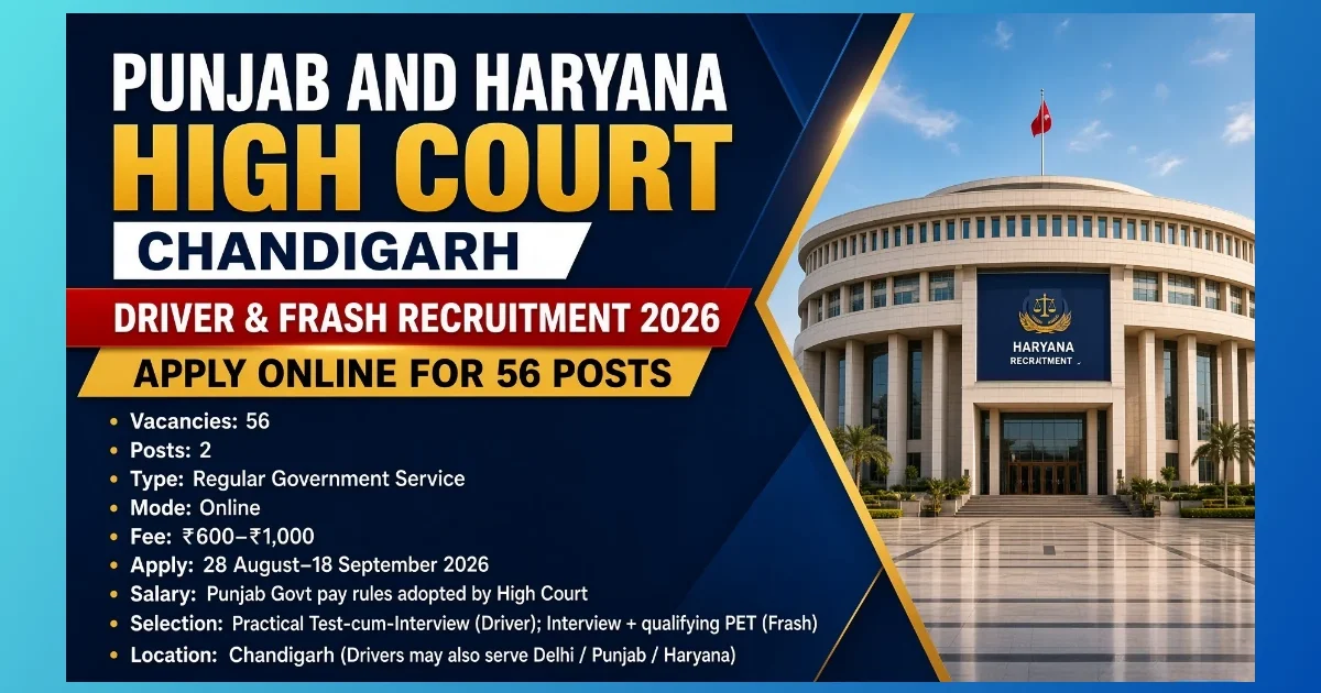 Punjab and Haryana High Court Chandigarh Driver Frash Recruitment 2026 for 56 posts