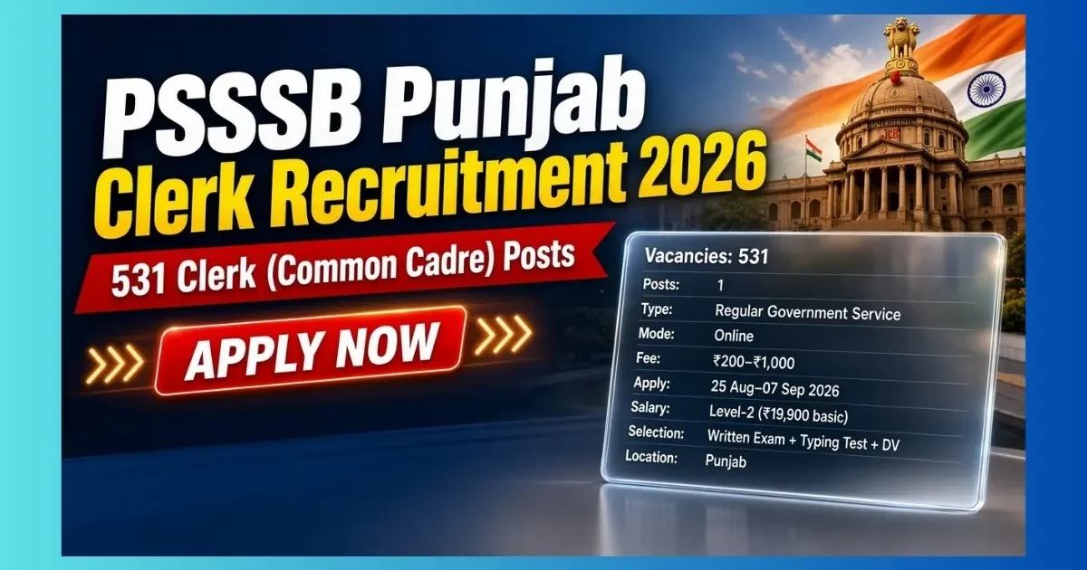 PSSSB Punjab Clerk Recruitment 2026 notification for 531 common cadre posts