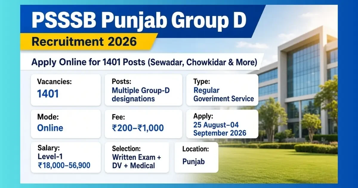 PSSSB Punjab Group D Recruitment 2026 notification for 1401 Sewadar Chowkidar posts
