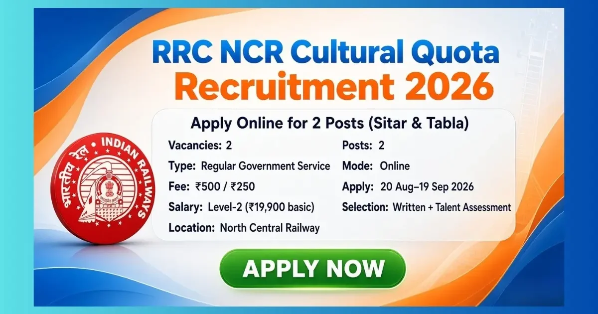 RRC NCR Cultural Quota Recruitment 2026 for Sitar and Tabla Level-2 posts