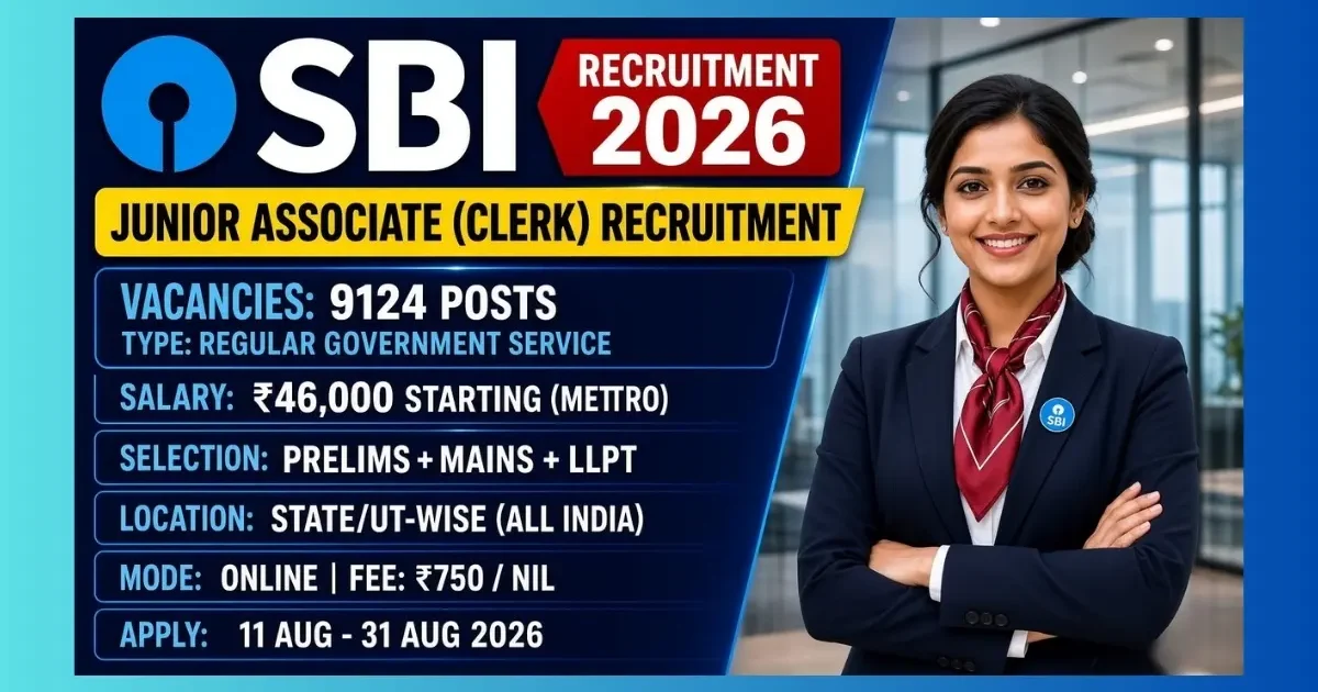 SBI Junior Associate Clerk Recruitment 2026 official notification for 9124 posts