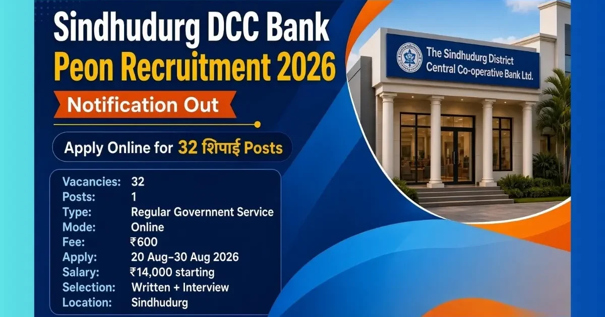 Sindhudurg DCC Bank Peon Recruitment 2026 for 32 शिपाई posts in Maharashtra