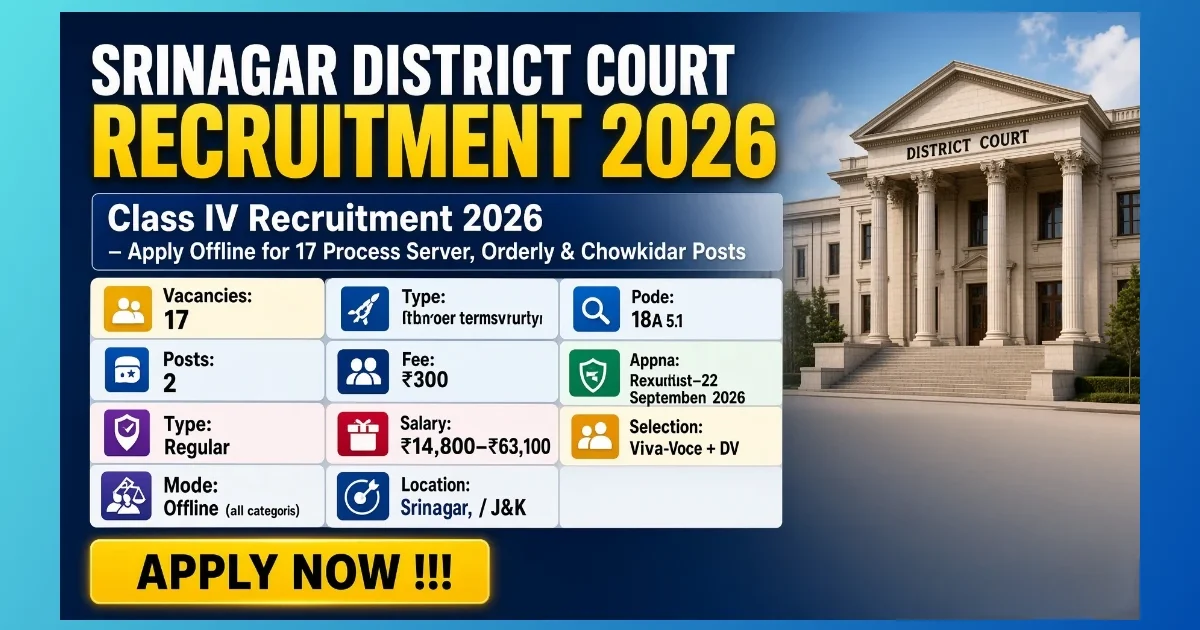 Srinagar District Court Class IV Recruitment 2026 notice for 17 posts