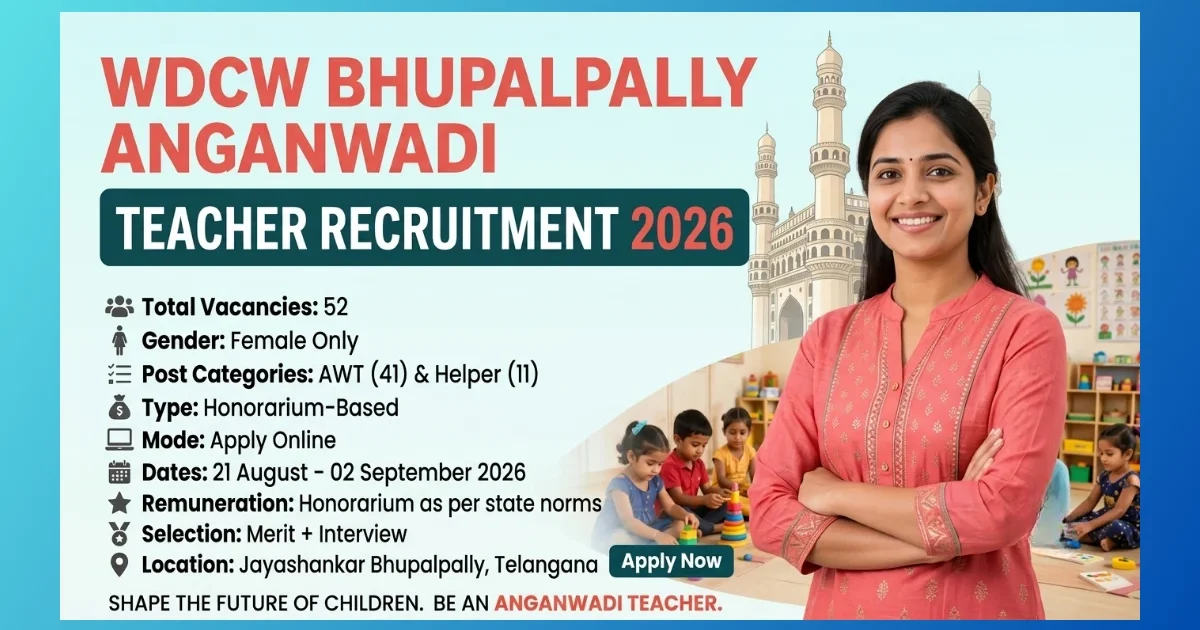 WDCW Bhupalpally Anganwadi Teacher Recruitment 2026 for 52 posts in Telangana