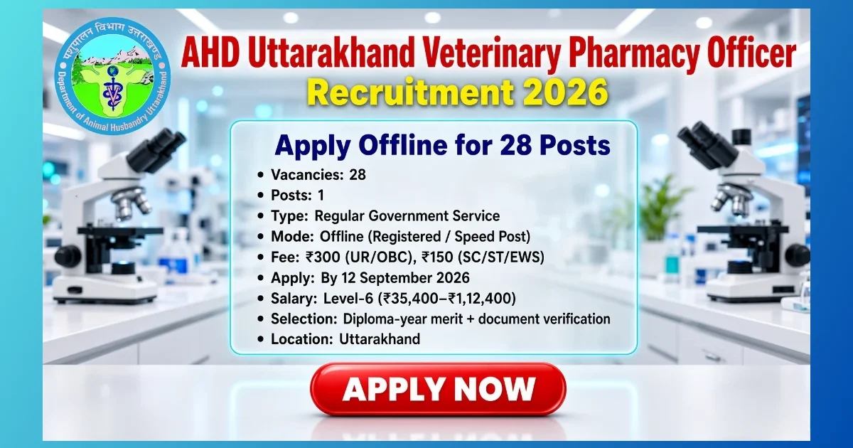 AHD Uttarakhand Veterinary Pharmacy Officer Recruitment 2026 notice for 28 posts