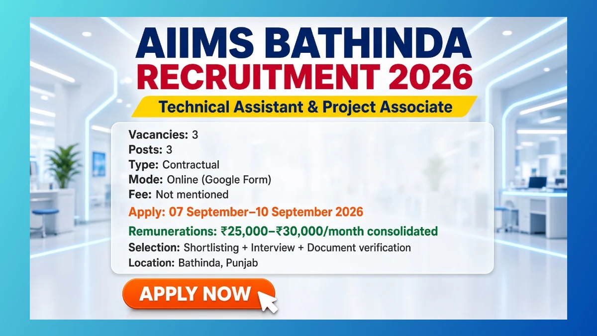 AIIMS Bathinda Technical Assistant Recruitment 2026 notice for 3 project posts