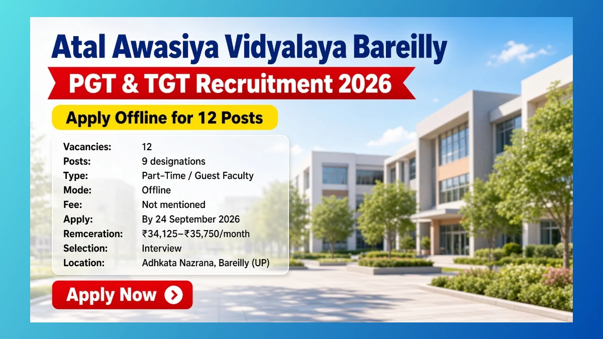 Atal Awasiya Vidyalaya Bareilly PGT TGT recruitment 2026 notice for 12 posts