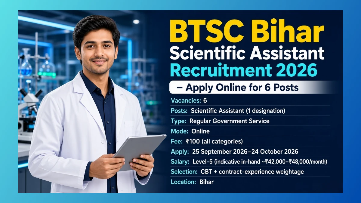 BTSC Bihar Scientific Assistant Recruitment 2026 notification for 6 Level-5 posts