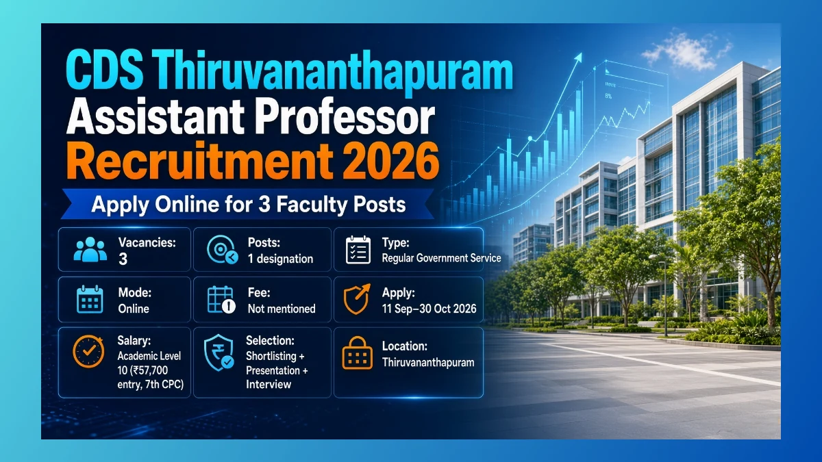 CDS Thiruvananthapuram Assistant Professor Recruitment 2026 notice for 3 faculty posts