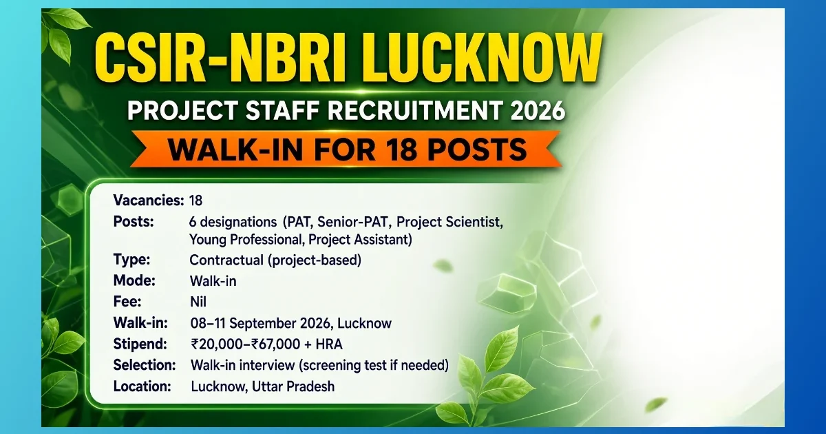 CSIR NBRI Lucknow Project Staff Recruitment 2026 walk-in for 18 posts
