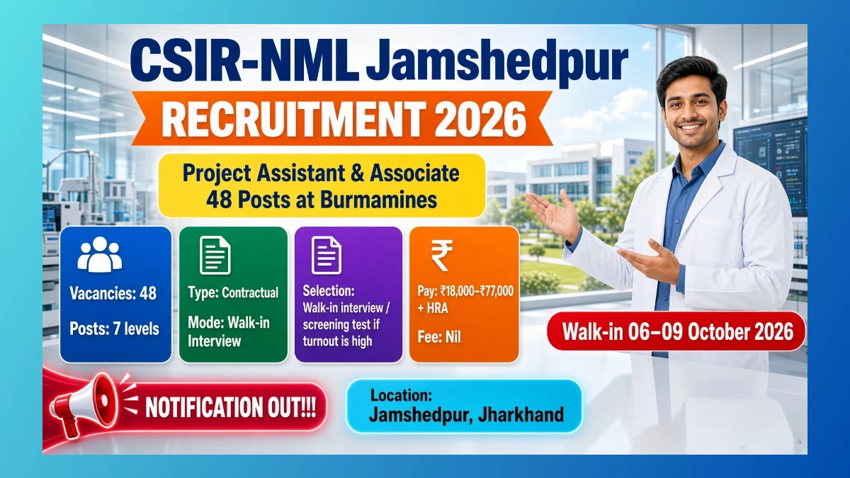 CSIR-NML Jamshedpur project staff walk-in 2026 for 48 laboratory posts