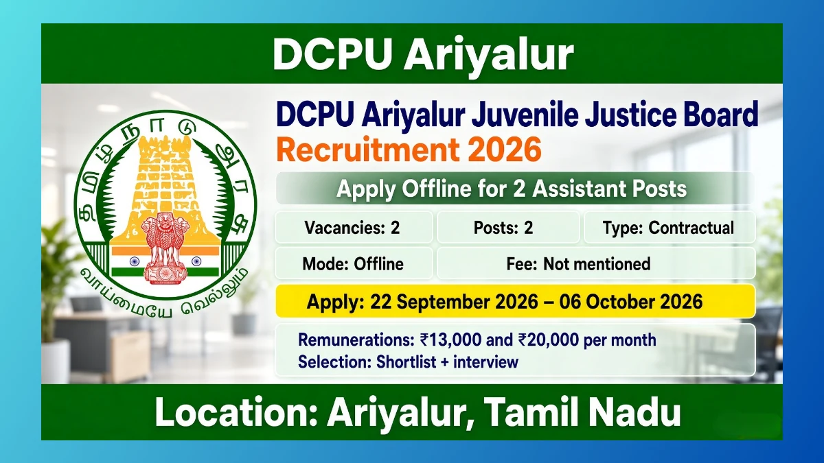 DCPU Ariyalur JJB Assistant Recruitment 2026 notice for 2 contract posts