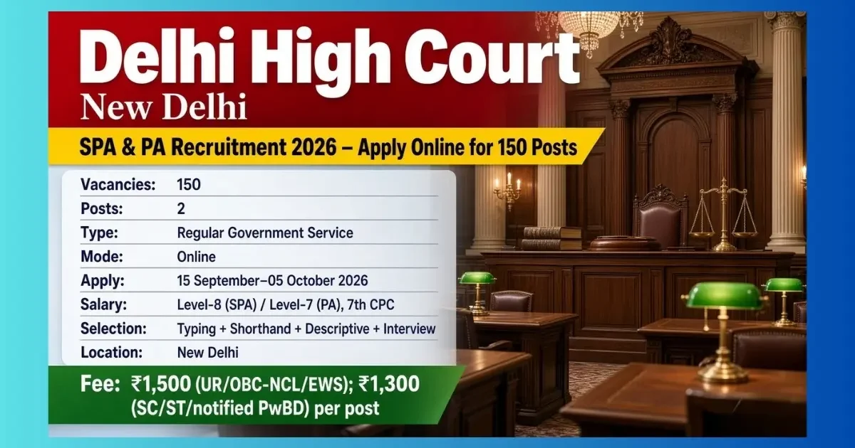 Delhi High Court SPA PA Recruitment 2026 notification for 150 New Delhi posts