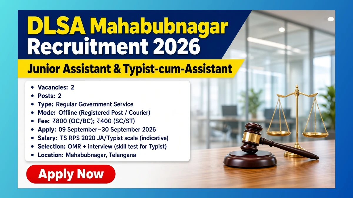DLSA Mahabubnagar Junior Assistant Recruitment 2026 notice for 2 clerical posts