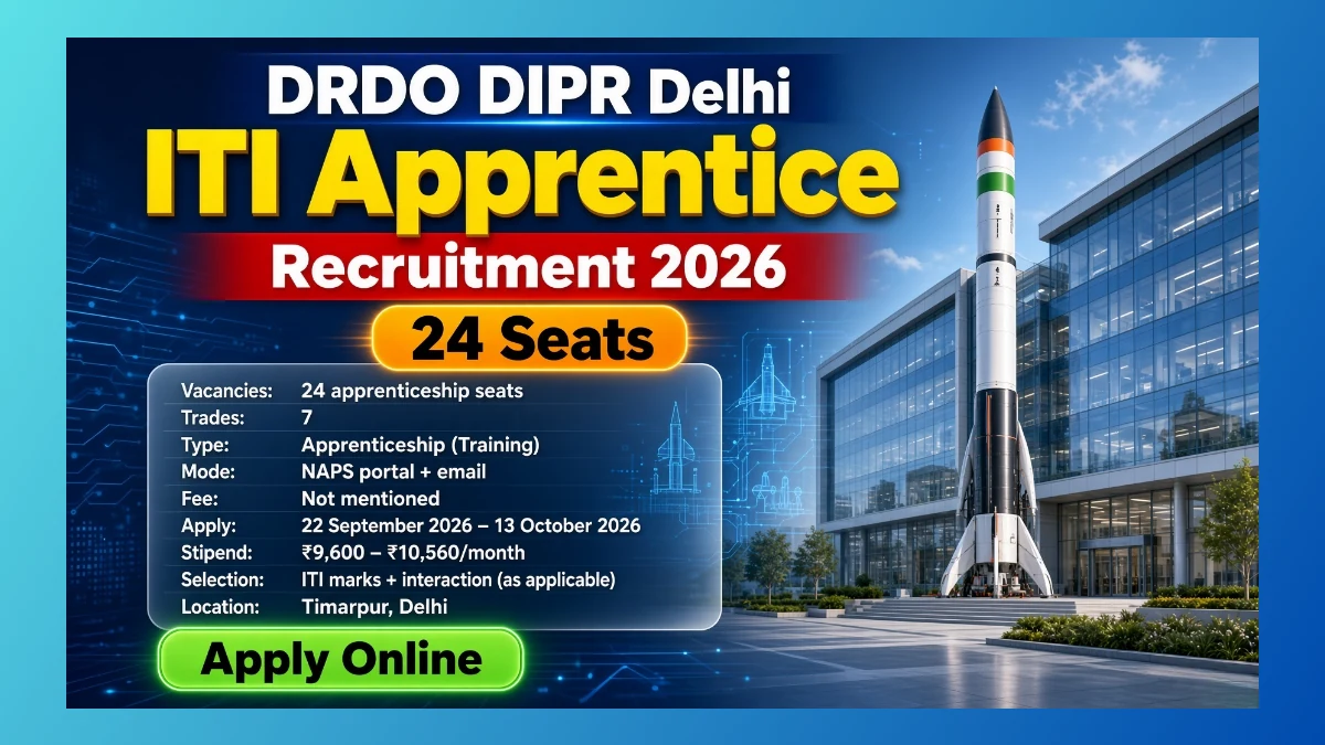 DRDO DIPR Delhi ITI apprentice recruitment 2026 notice for 24 training seats