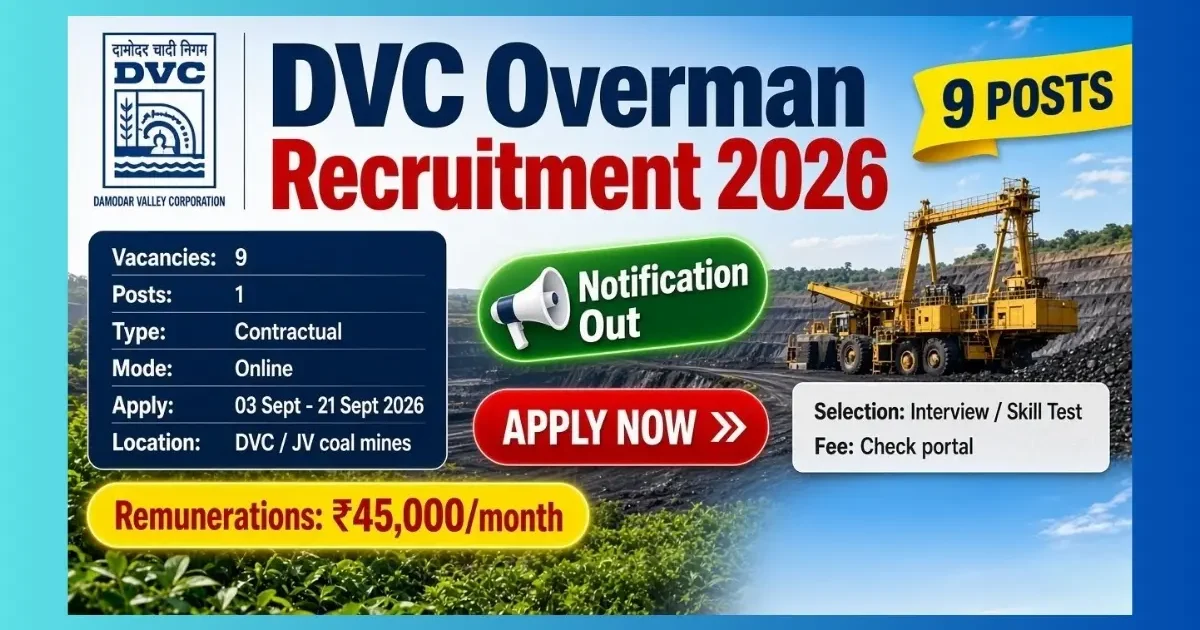 DVC Overman Recruitment 2026 notification for 9 contractual coal mine posts