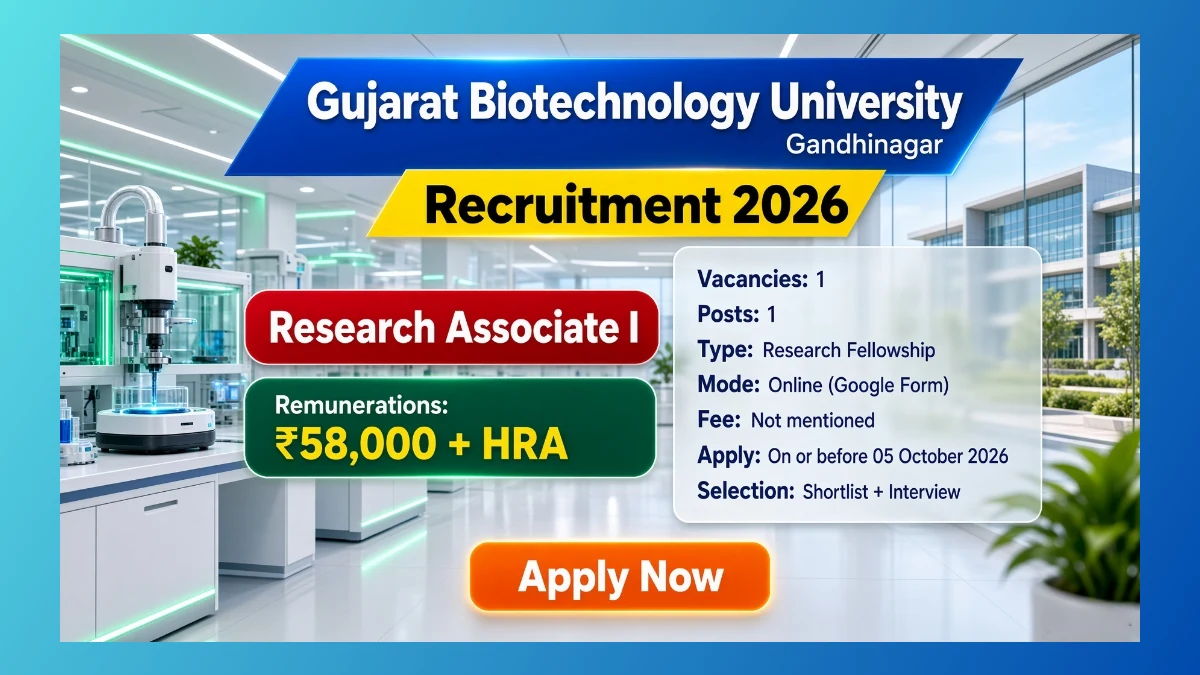 GBU Gandhinagar Research Associate I Recruitment 2026 notification for 1 DBT post