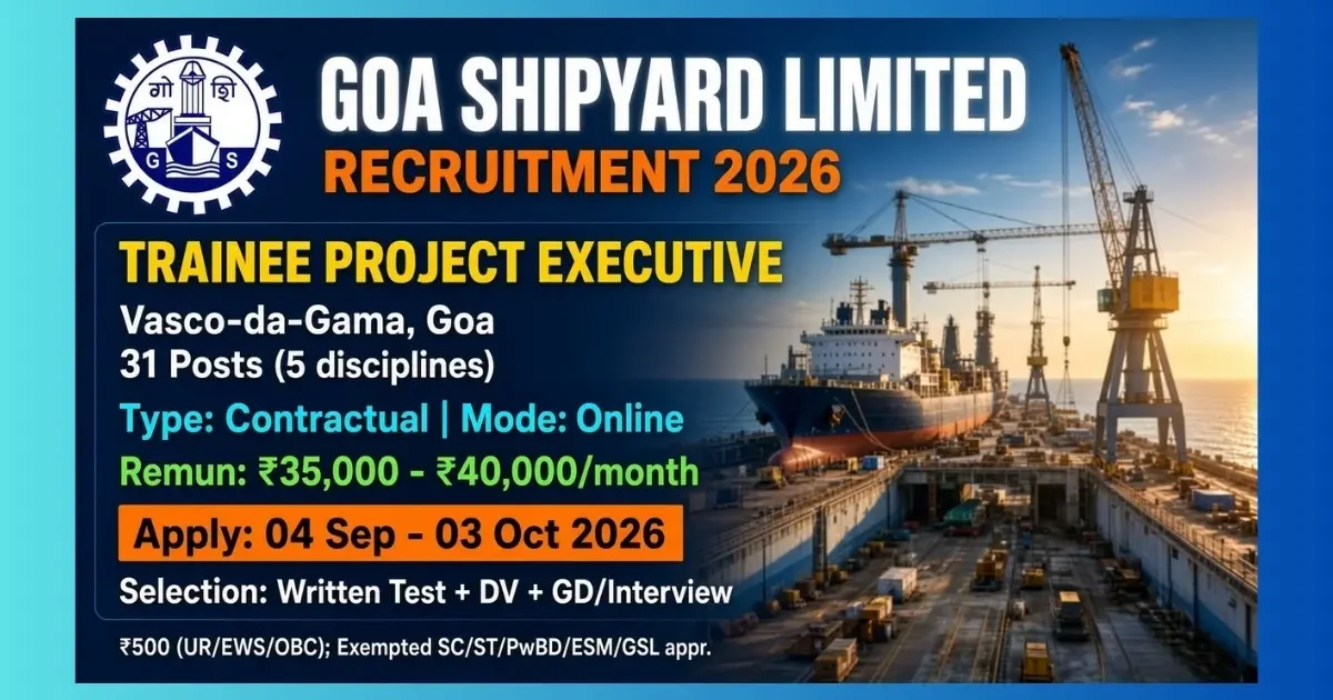 GSL Goa Trainee Project Executive Recruitment 2026 notice for 31 contract posts