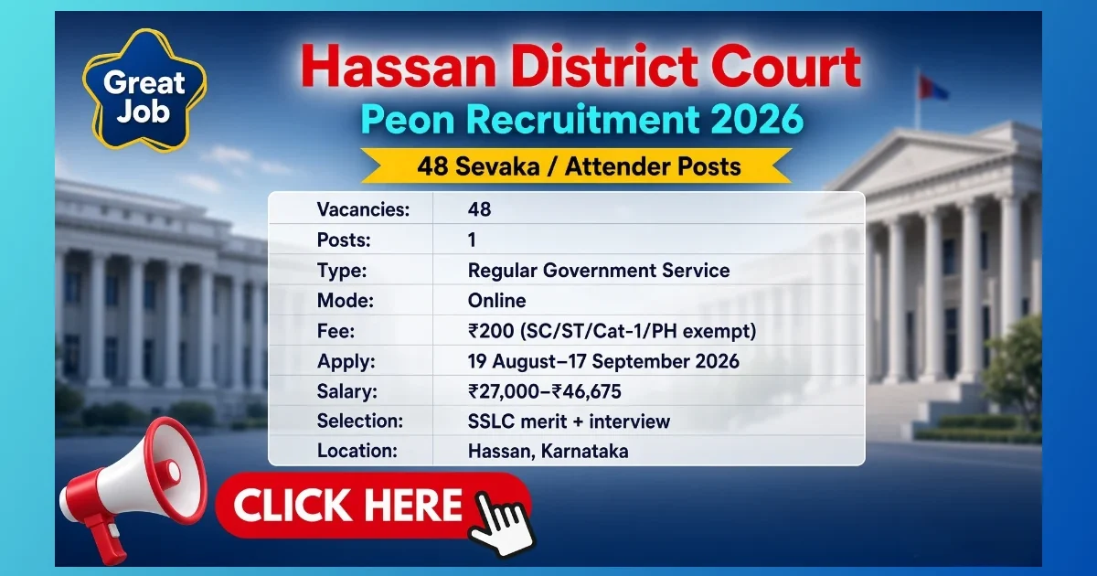 Hassan District Court Peon Recruitment 2026 notification for 48 Sevaka posts