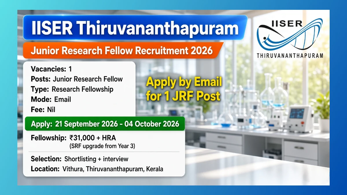 IISER Thiruvananthapuram JRF Recruitment 2026 notice for one biology fellowship