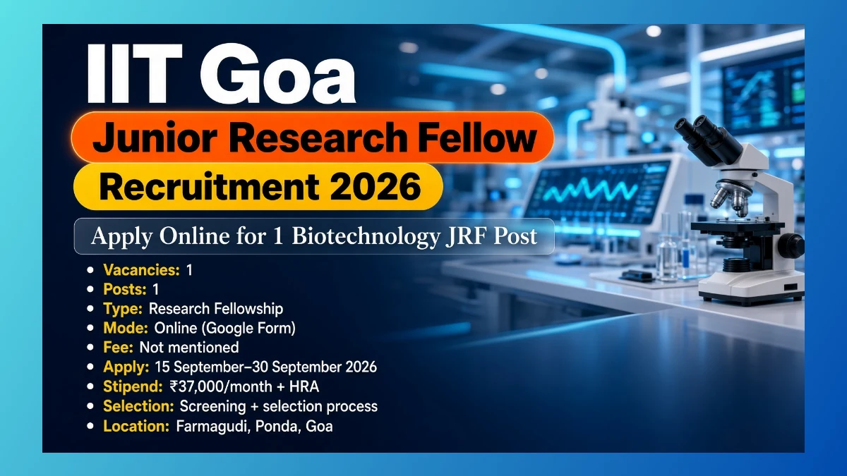 IIT Goa Junior Research Fellow Recruitment 2026 notice for 1 Biotechnology post