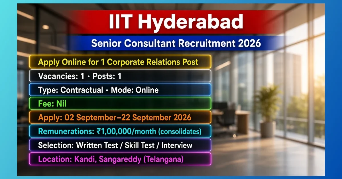 IIT Hyderabad Senior Consultant Recruitment 2026 notice for one Corporate Relations post