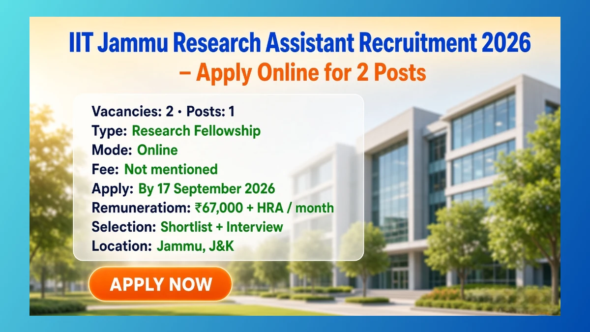 IIT Jammu Research Assistant Recruitment 2026 notice for 2 DRDL project posts
