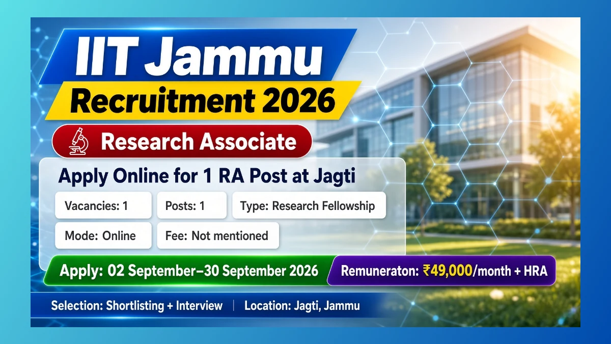 IIT Jammu Research Associate Recruitment 2026 notice for 1 RA post at Jagti