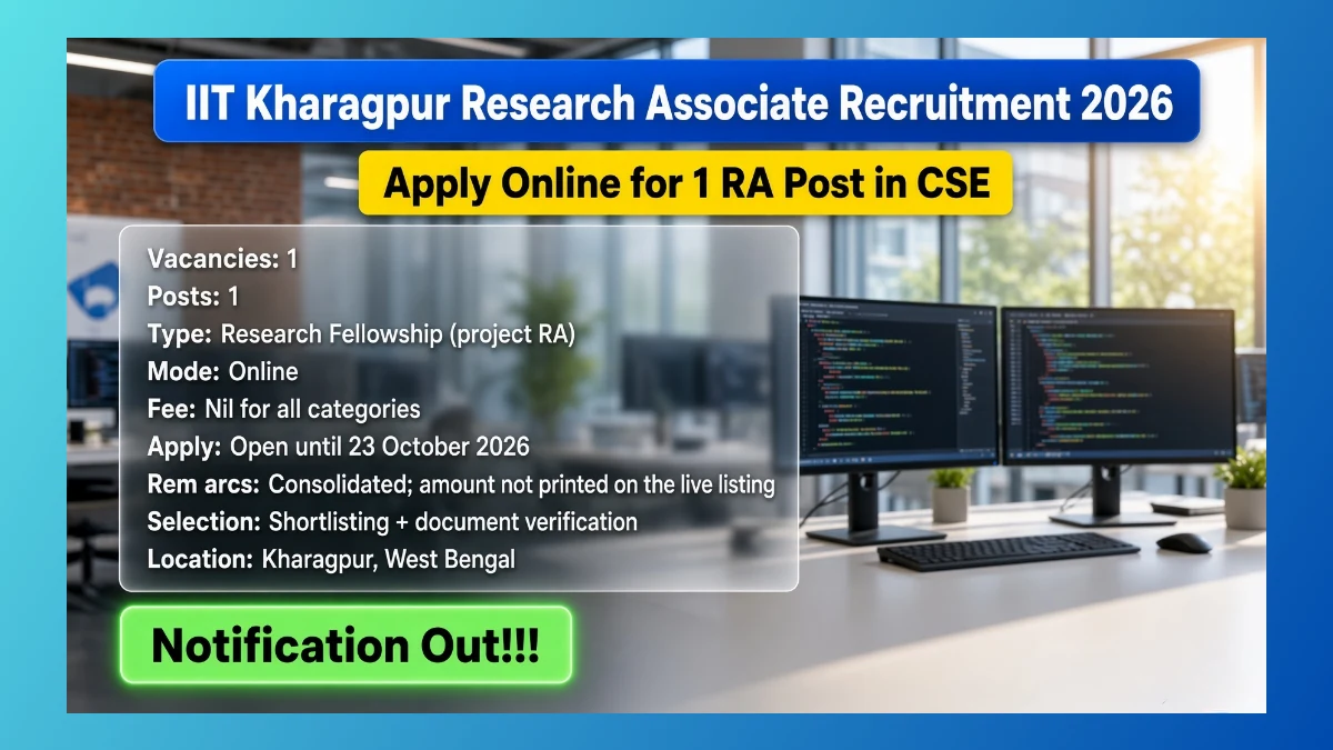 IIT Kharagpur Research Associate Recruitment 2026 notice for 1 CSE project RA post