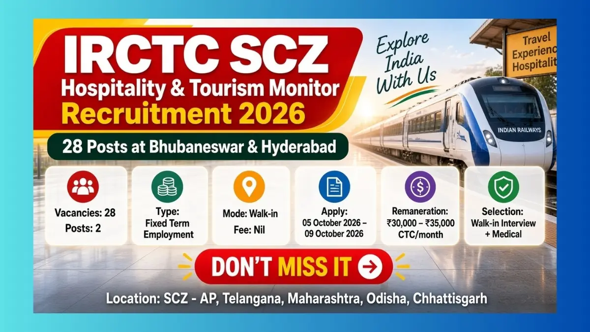 IRCTC SCZ Hospitality and Tourism Monitor Recruitment 2026 walk-in for 28 contract posts