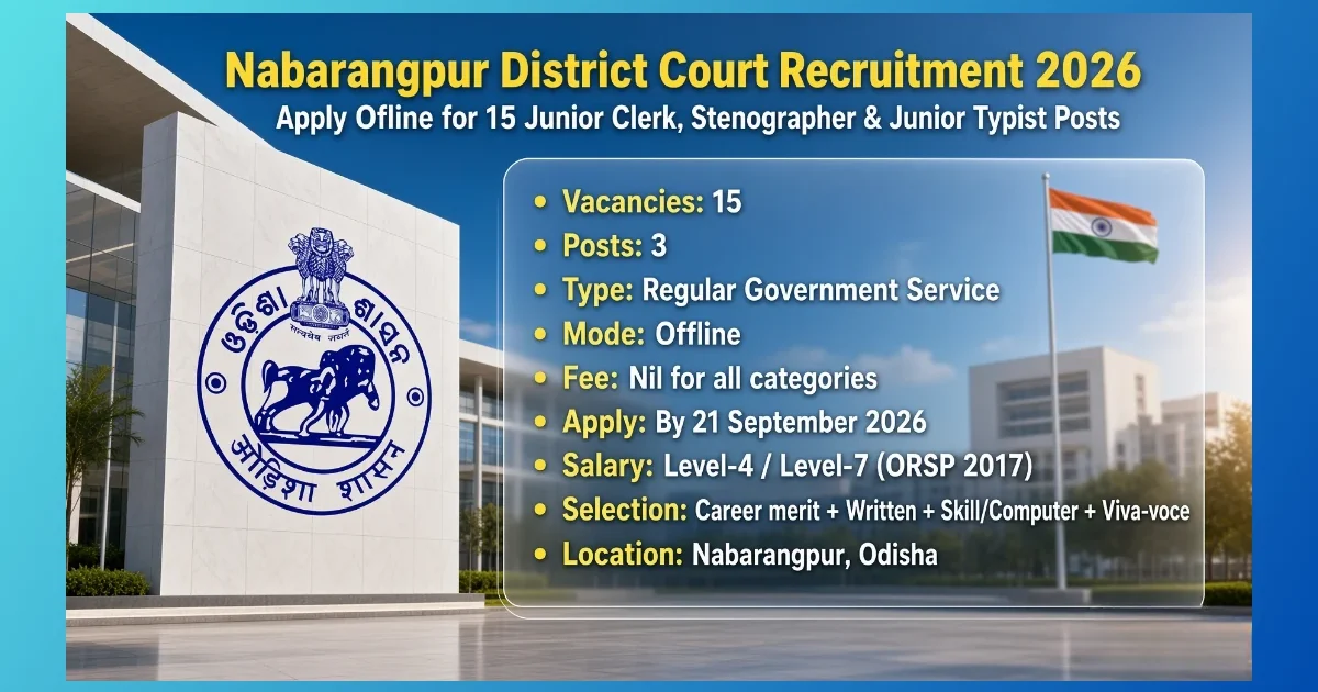 Nabarangpur District Court Recruitment 2026 notice for 15 clerk steno typist posts