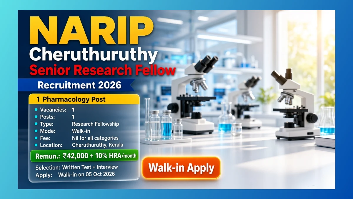 NARIP Cheruthuruthy SRF Pharmacology Recruitment 2026 walk-in notice for 1 post