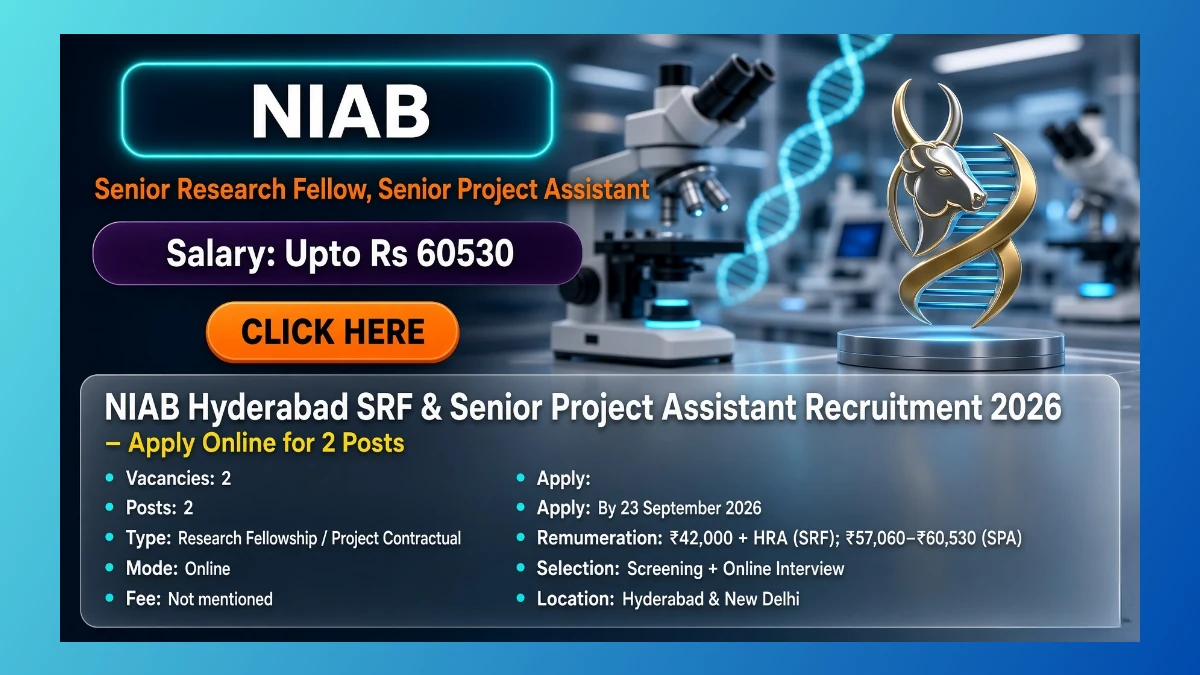 NIAB Hyderabad SRF and Senior Project Assistant recruitment 2026 notification