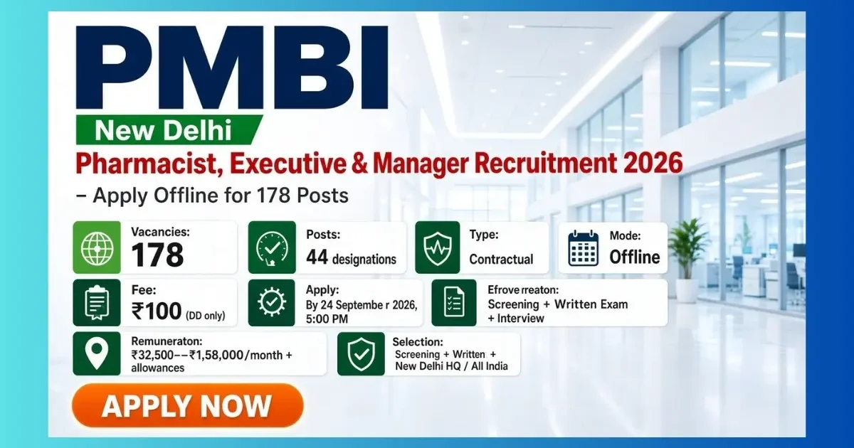 PMBI New Delhi Pharmacist Recruitment 2026 notification for 178 contractual posts