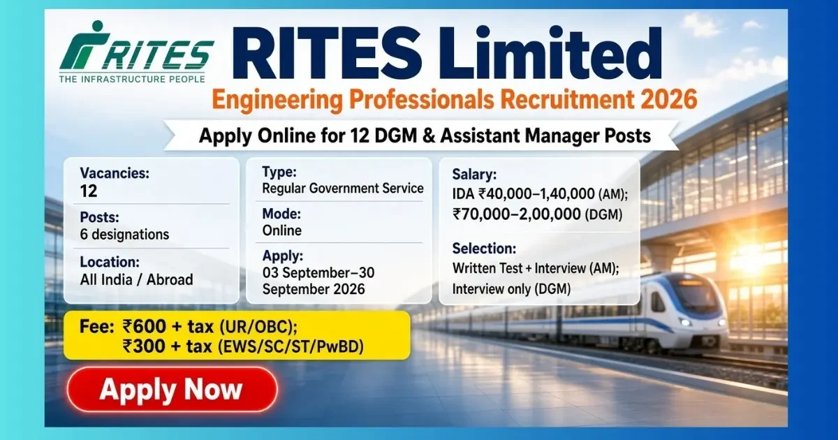 RITES Assistant Manager and DGM Recruitment 2026 notice for 12 engineering posts