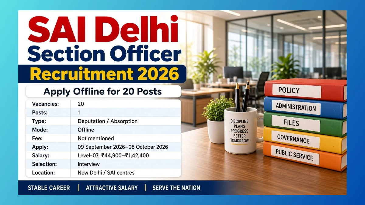 SAI Delhi Section Officer Recruitment 2026 notice for 20 deputation posts