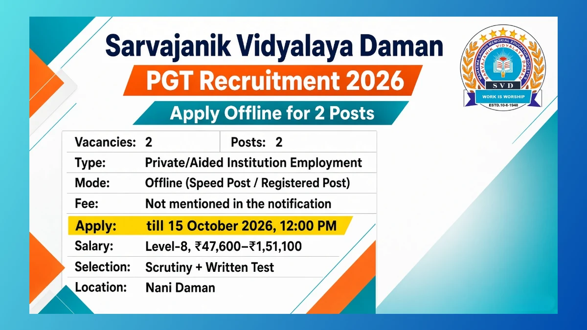 Sarvajanik Vidyalaya Daman PGT Recruitment 2026 notice for 2 teacher posts
