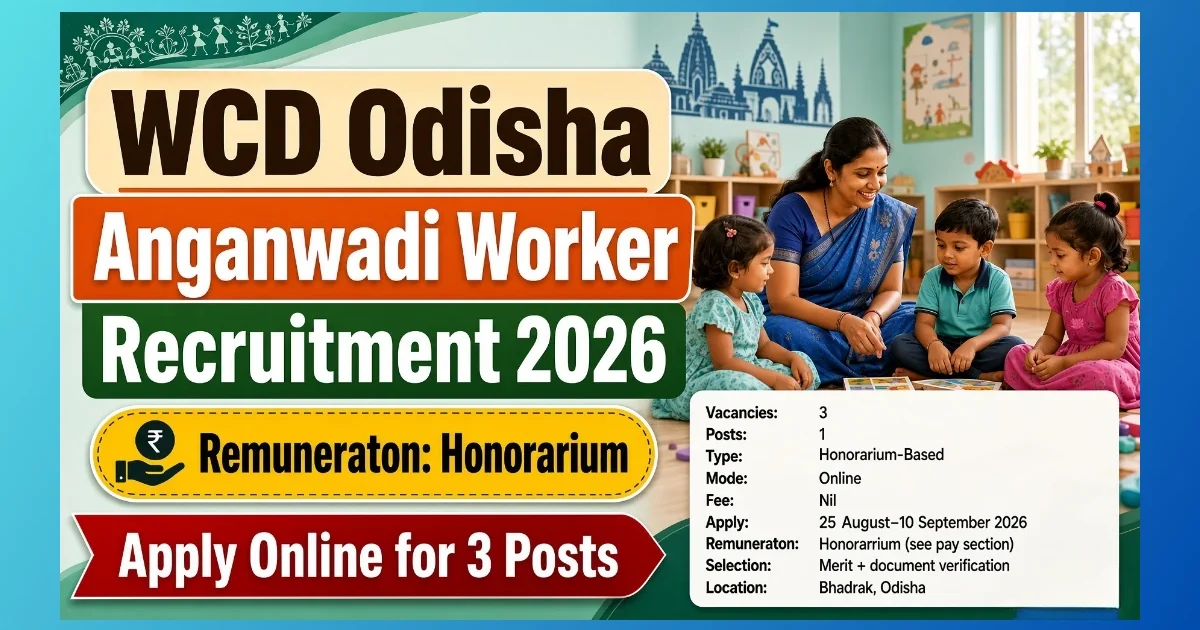 WCD Odisha Bhadrak Anganwadi Worker Recruitment 2026 notice for 3 posts