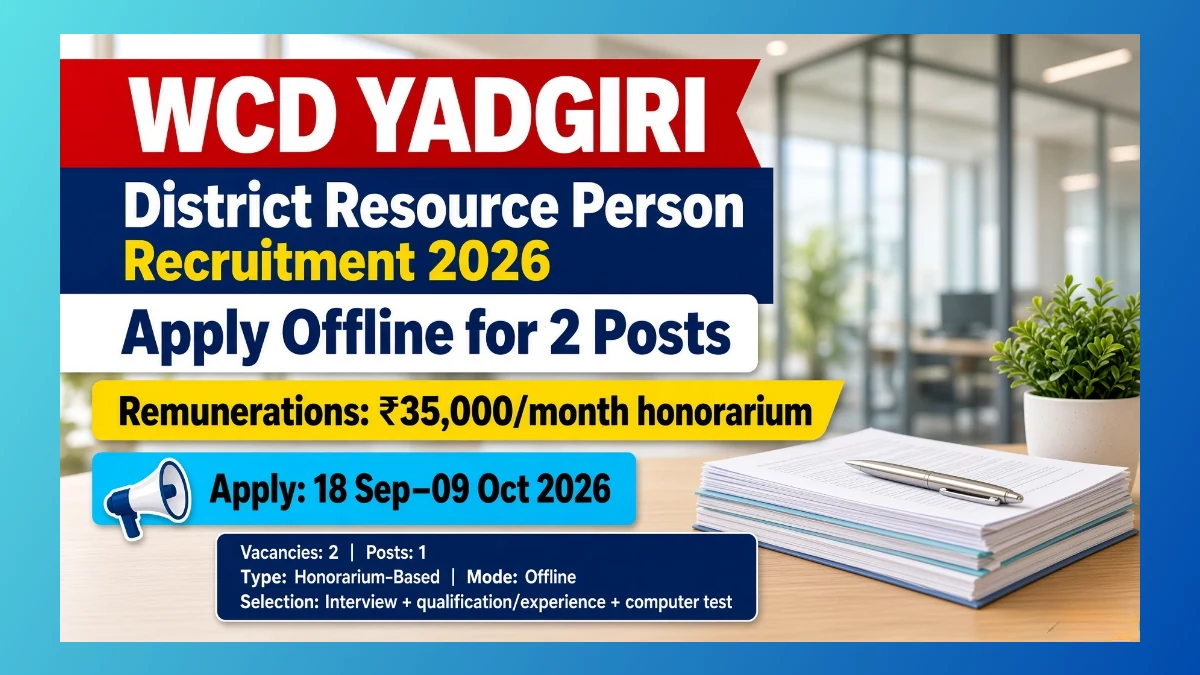 WCD Yadgir District Resource Person Recruitment 2026 notice for 2 honorarium posts