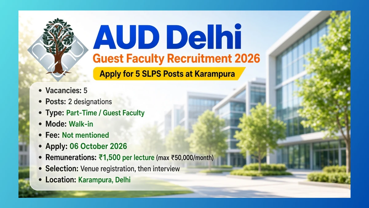 AUD Delhi Guest Faculty Recruitment 2026 notice for 5 SLPS posts at Karampura