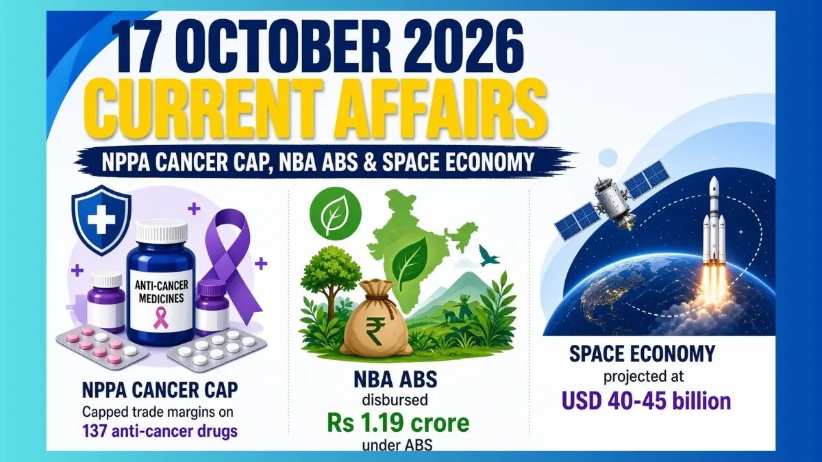 Featured banner for 17 October 2026 current affairs covering NPPA trade margin cap on anti-cancer drugs